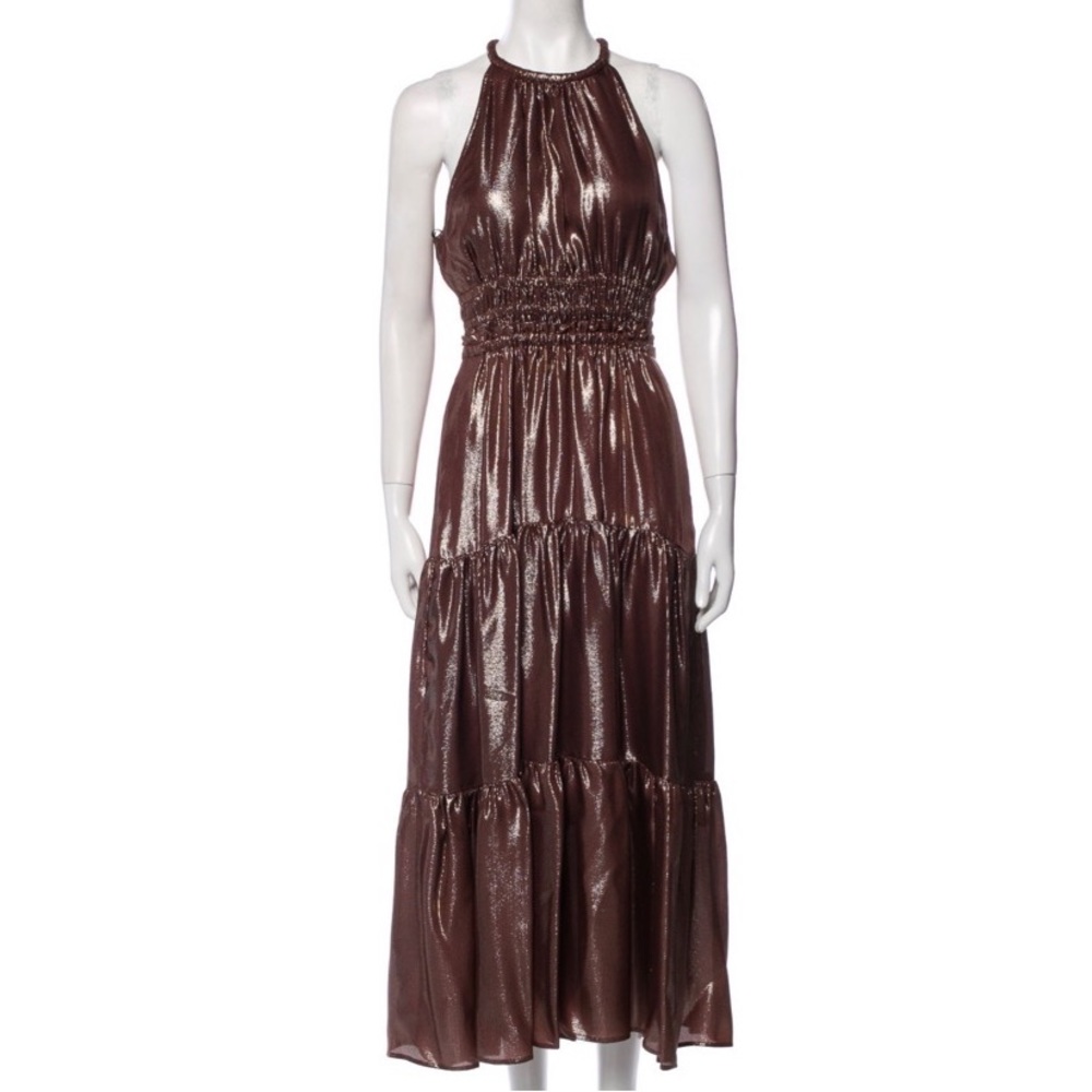 ALC Brown Metallic Silk Long Tiered Gown 8 Like New